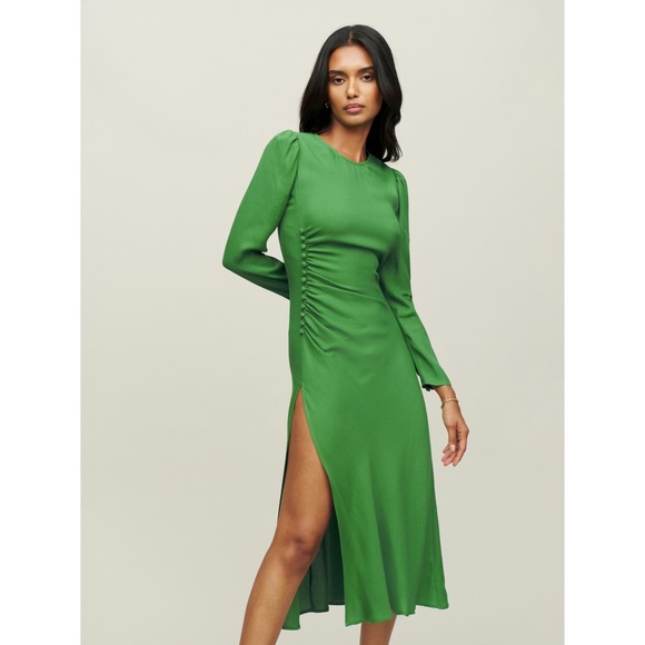 💚 Reformation, Kelly Green Freda Ruched Midi Dress - Picture 4 of 16